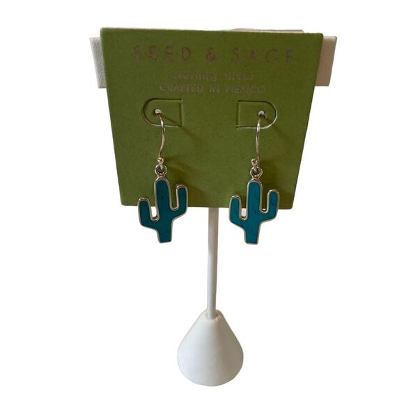 Seed & Sage Sterling Silver Turquoise Colored Cactus Drop Earrings 🌵🌵 - Picture 1 of 5